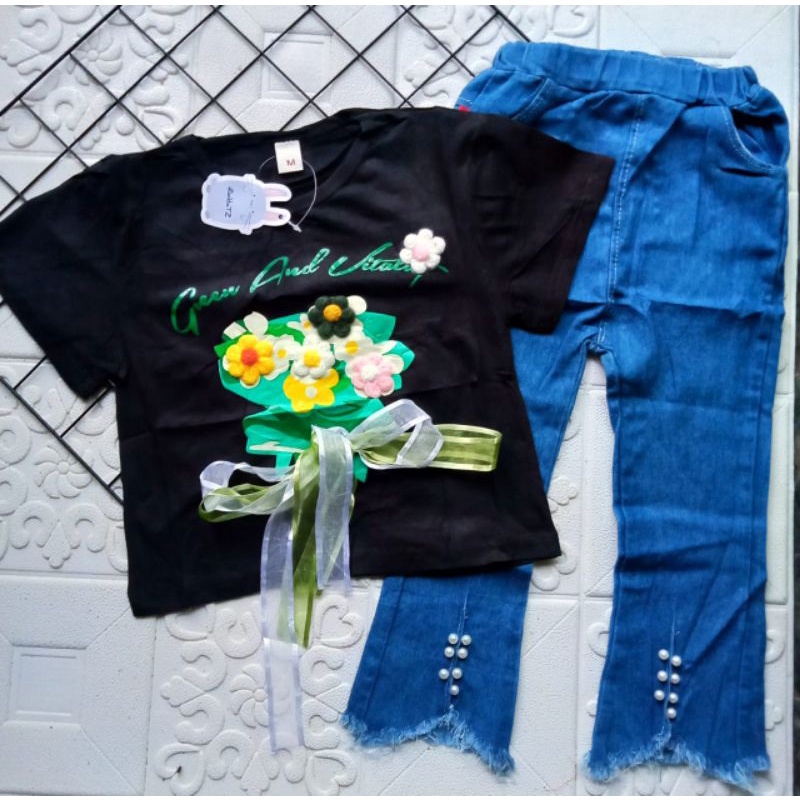 SETELAN CELANA JEANS ANAK PEREMPUAN IMPORT 4-8 TAHUN LENGAN PENDEK / SETELAN ANAK CEWEK IMPORT KOREAN STYLE CELANA JEANS CUTBRAY MUTIARA + BLOUSE PITA