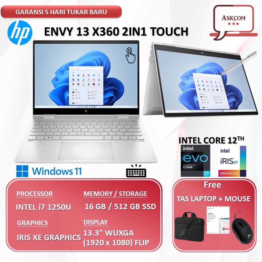 Laptop HP VY X360 13 TOUCH EVO I7 1250U RAM 16GB 512GB SSD IRISXE OHS 13.3WUXGA W11 BF0089TU/BF0042TU