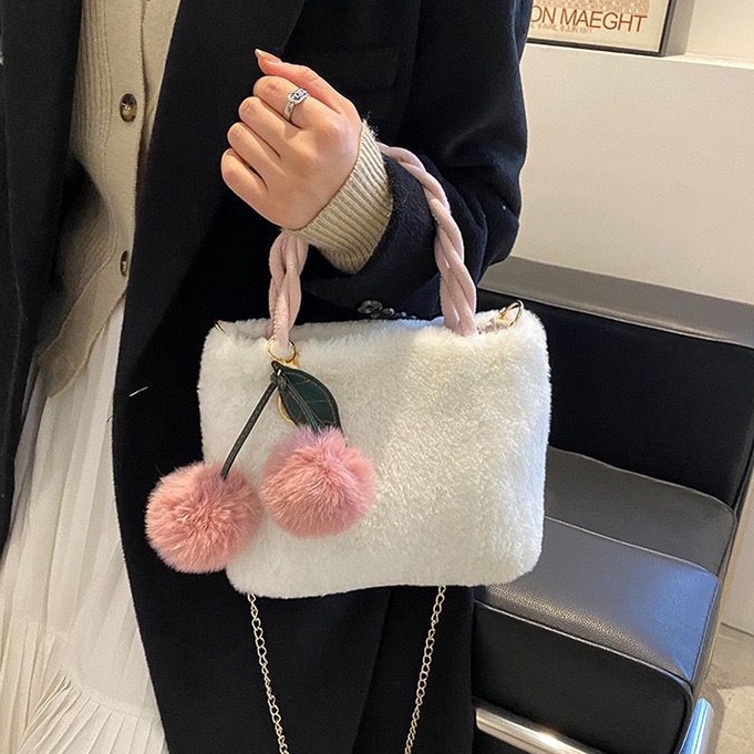 [littlecrab] Tas Wanita Cherry Bulu Lembut Halus Tas Unik Model Persegi Cute Fluffy Bag Free Gantungan Ceri Sling Bag Berkualitas Cute Multifungsi Korean Style