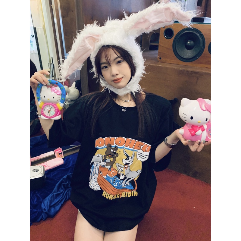 EUNII T-shirt Lengan Pendek Kartun Satwa Pencetakan Longgar Korean Style/Kaos Atasan Wanita/Baju Kaus Oversize Wanita