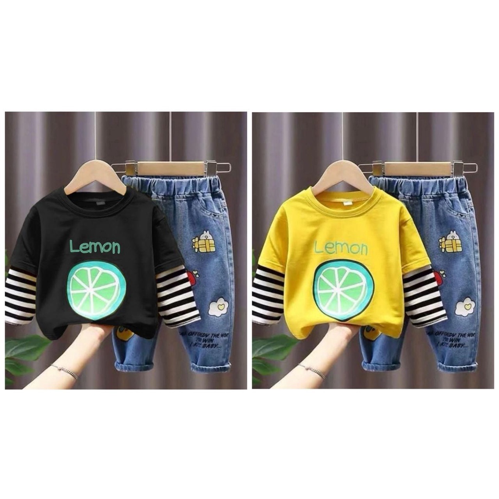 SETELAN BAJU ANAK MOTIF LEMON DENIM - FASHION BAJU ANAK LAKILAKI DAN ANAK PEREMPUAN UMUR 6-10BLN 1-5THN - BAHAN COMBED CELANA DENIM LENGAN DAN CELANA PANJANG - BERMOTIF BUAH DIBAGIAN DEPAN BAJU NYA - ADEM DAN NYAMAN DIPAKAI ANAK - TERPOPULER KEKINIAN