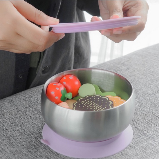 Sol &amp; Sno Souper Bowl Stainless Bowl With Suction And Lid - Mangkuk Bayi MPASI Mangkok Makan Anak Bayi BPA Free