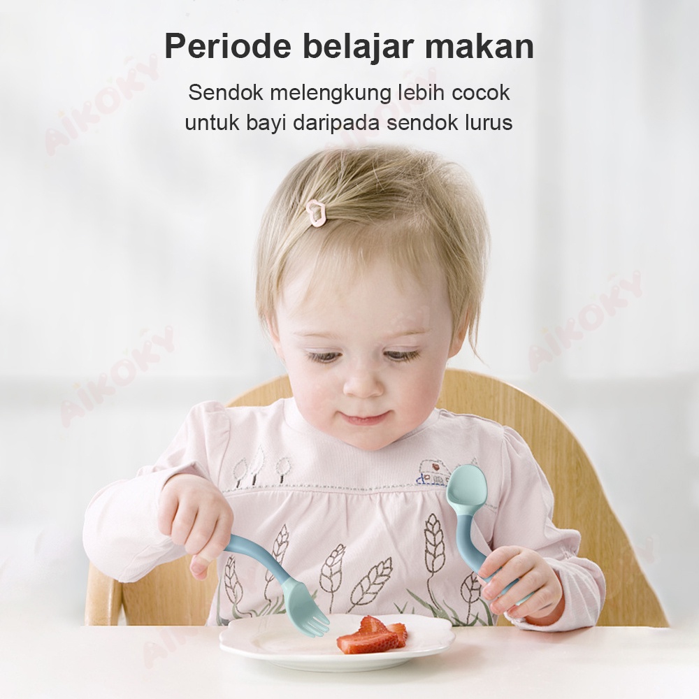 AIKOKY Sendok garpu makan bayi set 360° bisa ditekuk dengan kotak