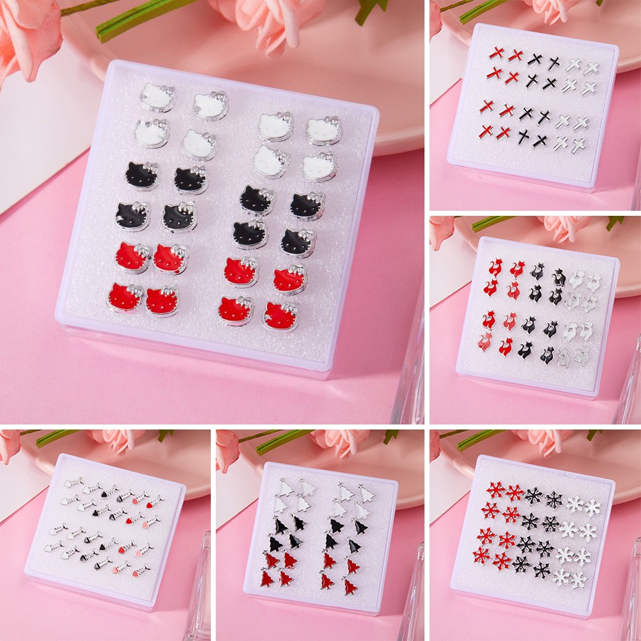 12 Pasang Anting Tusuk Motif Salib / Kucing / Pohon Natal anti Radang Untuk Wanita