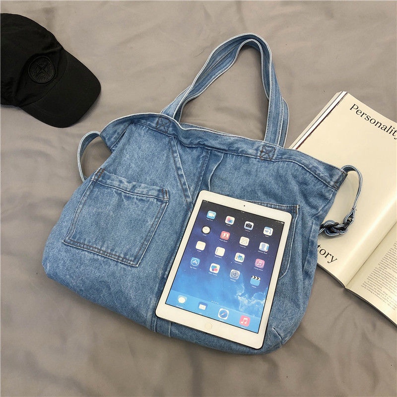 ☫◊Tas Kanvas Kapasitas Besar Wanita Messenger Bag Denim Jepang Versi Korea Tas Besar Tas Kanvas Tas Bahu Siswa