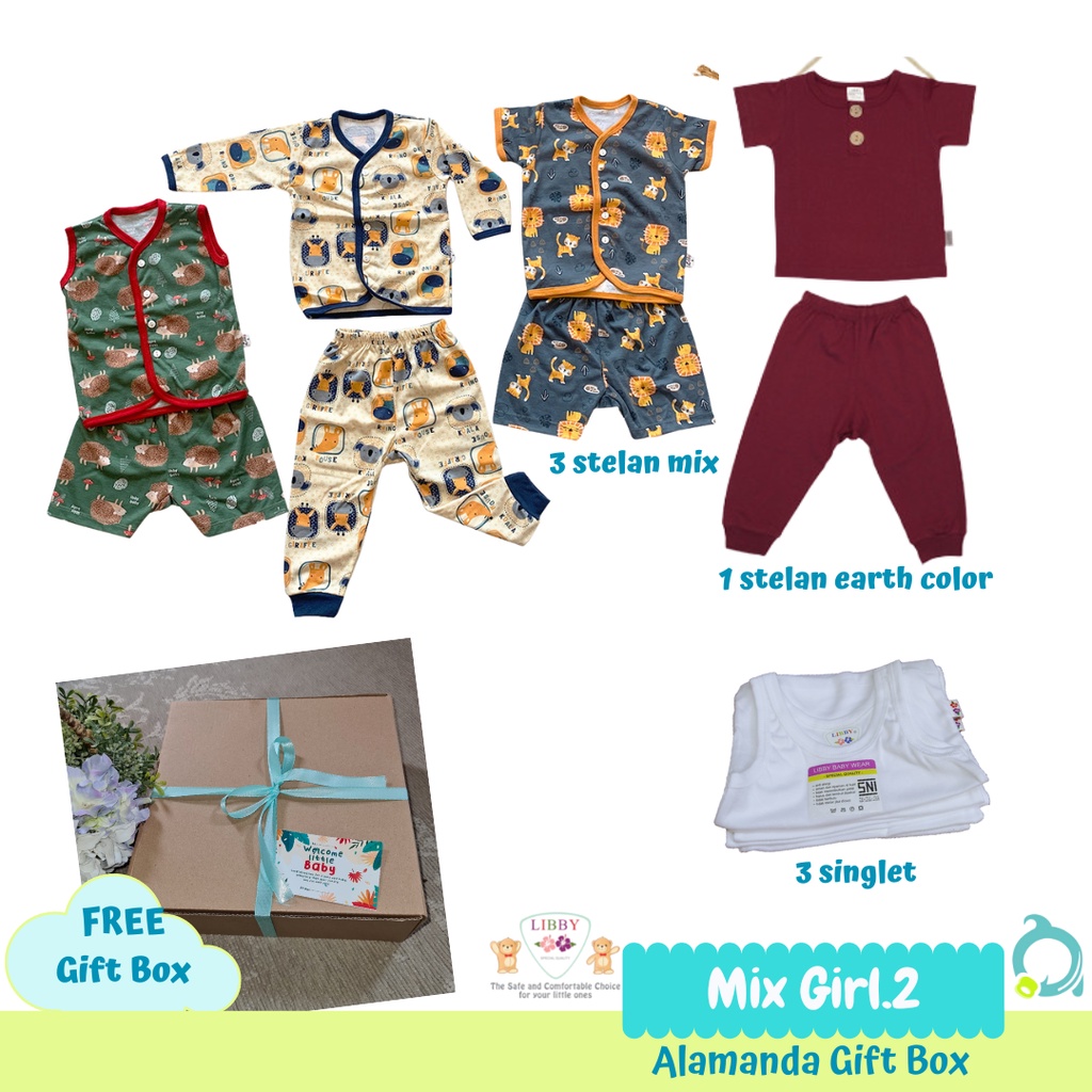 BABY GIFT BOX / HAMPERS (LIBBY) Setelan Panjang, Setelan Pendek, (Earth Color/Motif) Singlet Bayi 6-12m / 1-2y