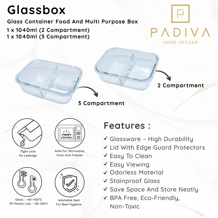 Padiva 1040ml Mix 2+3compartments Glassbox - Kotak Kaca Microwave Tempat Bekel tahan panas 1.040 ml