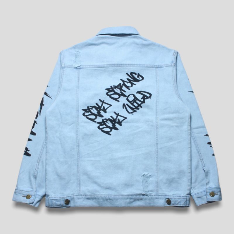 Rocafela Jaket Denim New Fashion Graffiti Blitz biru muda tua dan Gelap