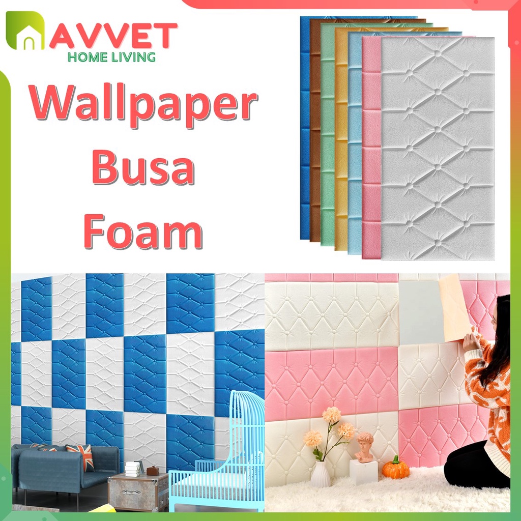 AVVET Wallpaper Foam 3D Wall Border Sticker Dinding 6MM Wallborder 12MM Stiker Dinding Kedap Suara Tahan Air Headboard Bed Wallfoam Empuk Dekorasi Rumah Murah Import