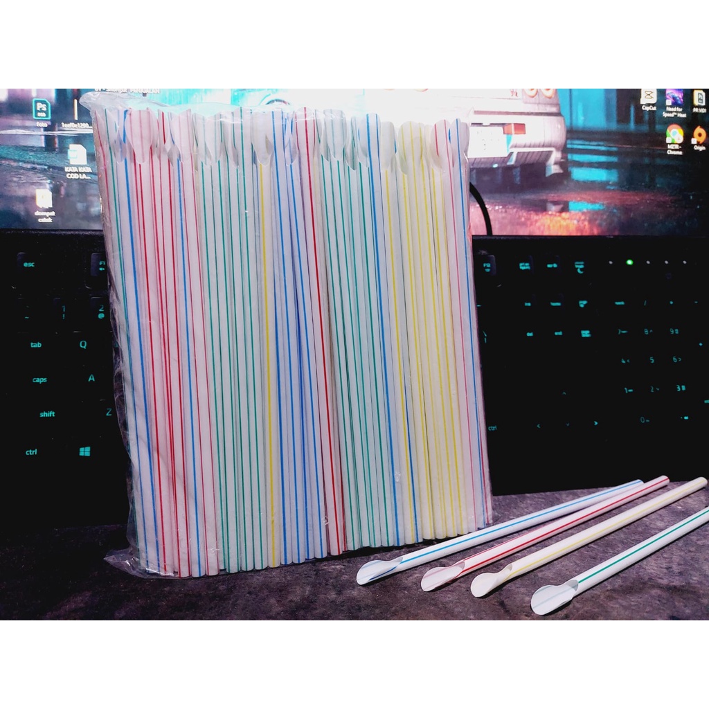 Sedotan Sendok Plastik Cafe / Sedotan Plastik Bentuk Sendok Warna Warni Salur Es Minuman (1 Pak isi 