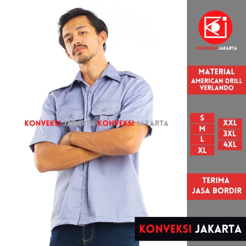 Baju Kemeja PDL Lengan Pendek Pria - Seragam Pakaian Kerja Taktikal Tactical Dinas Lapangan Outdoor Gunung Material American Drill Warna Abu Abu - Konveksi Jakarta Official