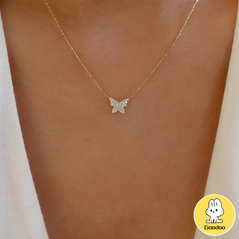 Kalung Rantai Klavikula Desain Kupu-Kupu Aksen Berlian Penuh Untuk Wanita -Doo