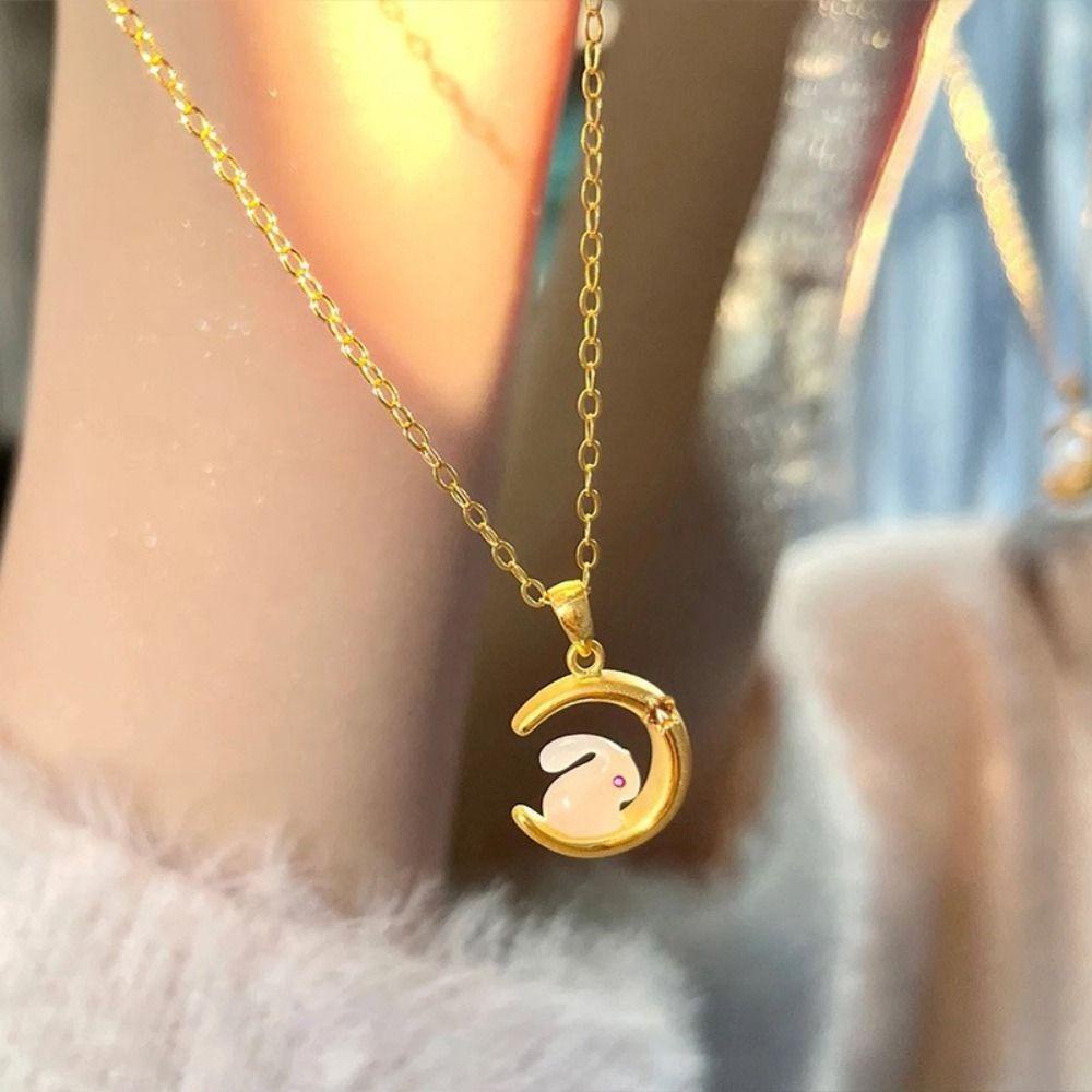 Mxbeauty 2023giok Kelinci Kalung Adjustable Hadiah Gadis Untuk Pestanya Perhiasan Giok Imitasi Hadiah Tahun Baru Bunny Necklace