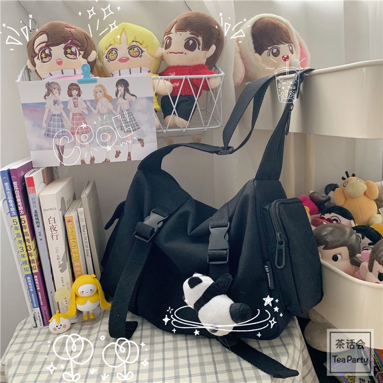 ▩❁Harajuku Jepang Dark Fan Energi Perkakas Tas Kanvas Wanita Korea All-Match Warna Solid Siswa Tas Messenger Satu Bahu