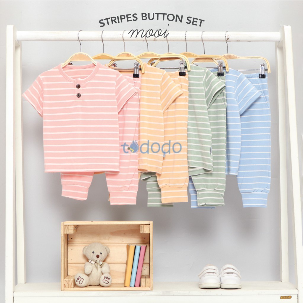 Baju Bayi Setelan Anak Lengan Pendek Celana Panjang Mooi Stripes Button Set 1 - 5 Tahun