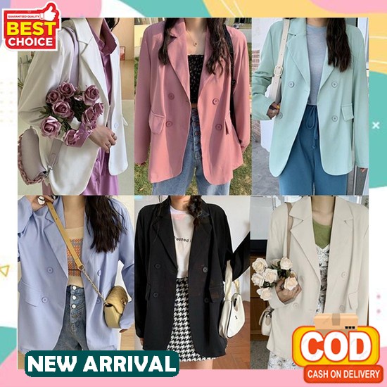 Blazer Wanita Garis Oversize Korea Kerja Casual Coklat R1Y3 Navy Etnik Lengan Panjang Long Vintage O