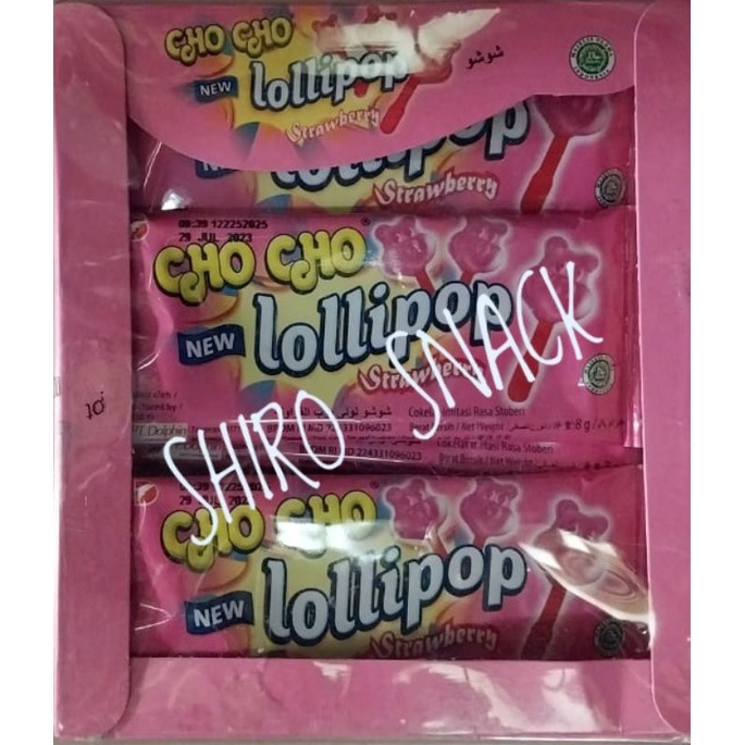 

CHO CHO new LOLLIPOP.Chocolate & strowberry box kemasan sachet isi 24 pcs.