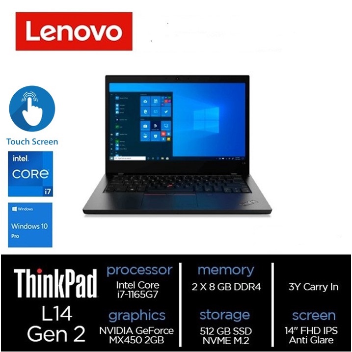 Lenovo ThinkPad L14 Gen 2 i7-1165G7 16GB 512GB MX450 W10 Pro TOUCH