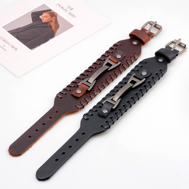 Vintage Men's Fashion Stainless Steel Leather Bracelet Jewelry Accessories