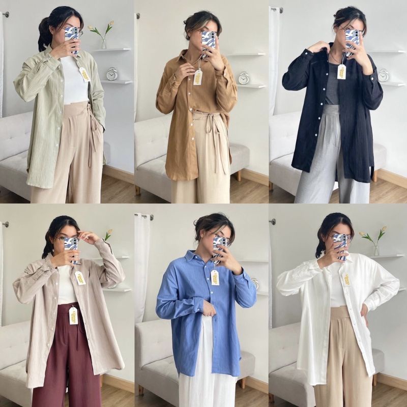 Suki Shirt Kemeja Wanita Linen Crinkle Premium / Basic Oversize Atasan Wanita - Bumil Friendly - Basic Shirt