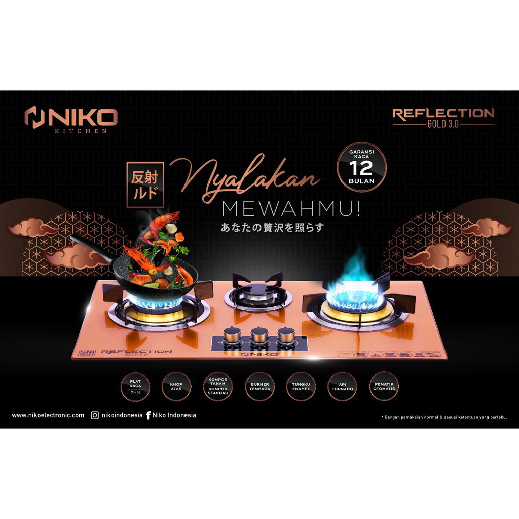 Kompor Gas Tanam 3 Tungku Kaca - NIKO Reflection Gold 3.0 Reflection 2.0 Kompor Gas Tanam Duduk Niko