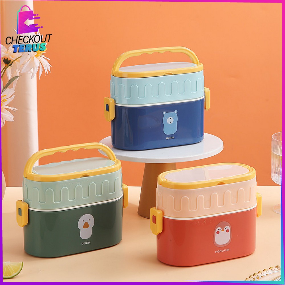 CT C699 Tempat Makan 950ML Box Bento Set 2 Susun Free Sendok Anti Tumpah Dengan Pegangan Lunch Box Set Double Layer Portable