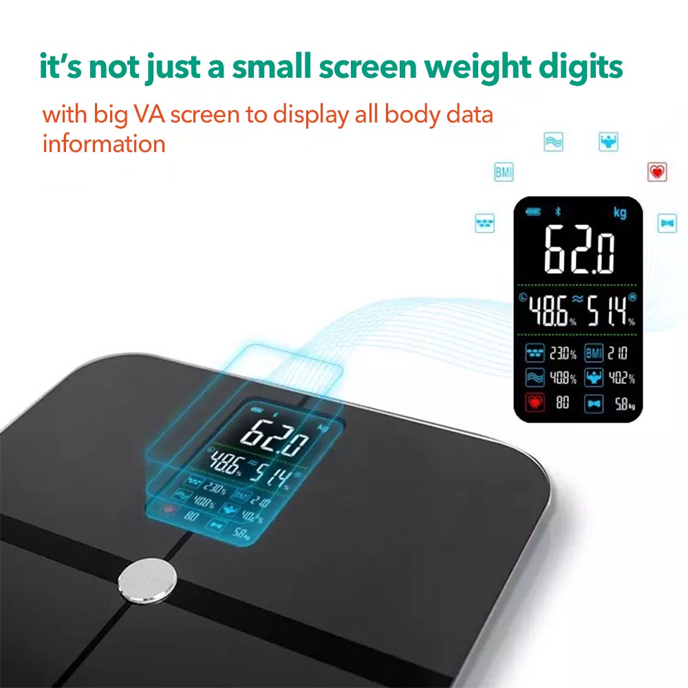 Zola Smart Body Fat Scale Tracking Heart Rate - Timbangan Badan Digital 280x280mm, Kapasitas 180kg, Kaca Tempered