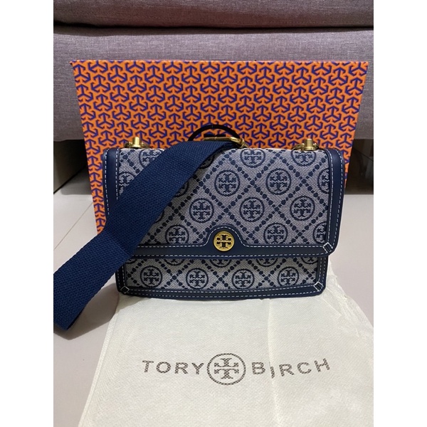 Preloved Tory Burch Biru Clutch Canvas Embos Tas Bag Selempang Bahu Box Handle Logo Motif Kanvas COD