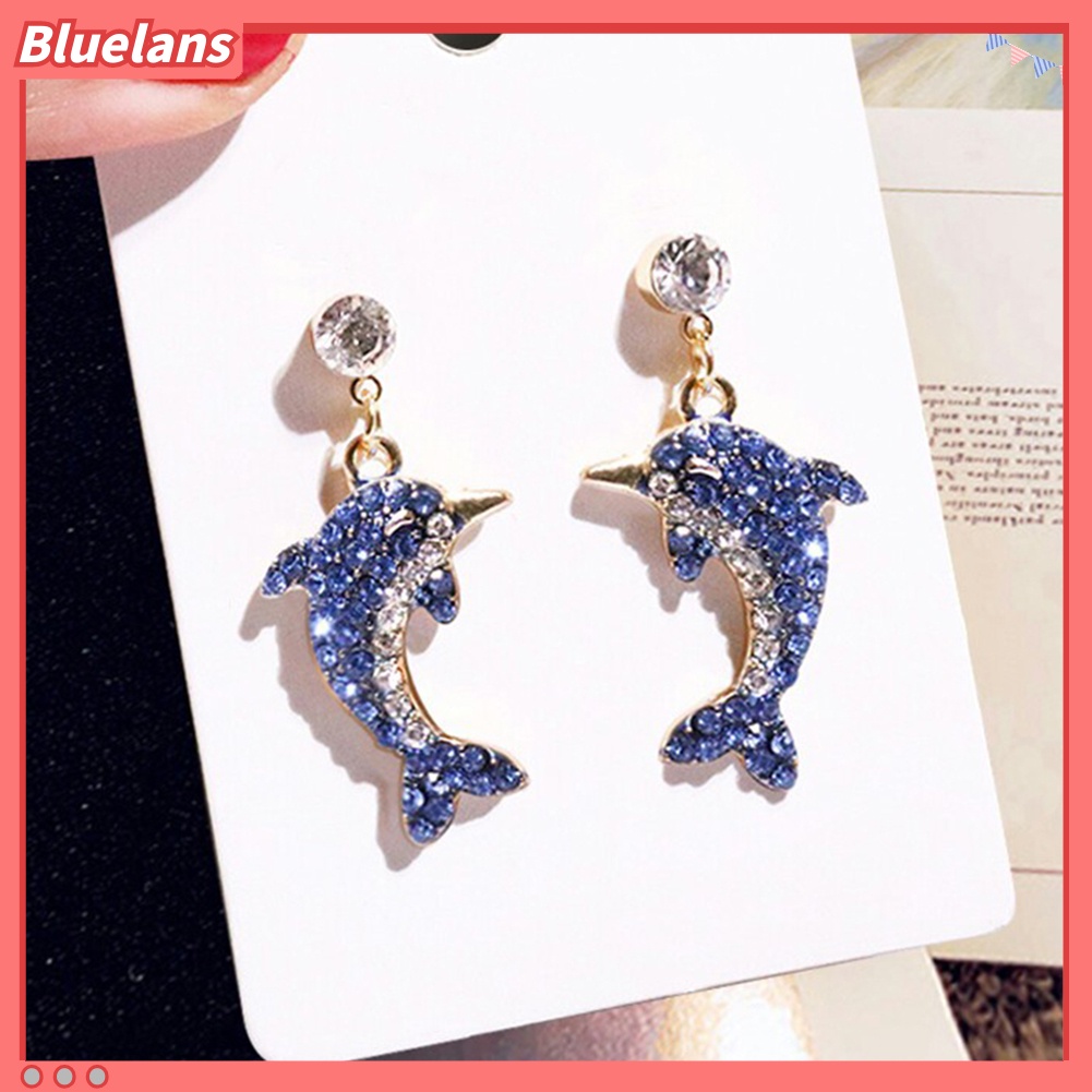 Bluelans Cute Dolphin Shape Shiny Full Rhinestone Inlaid Women Stud Earrings Jewelry Gift