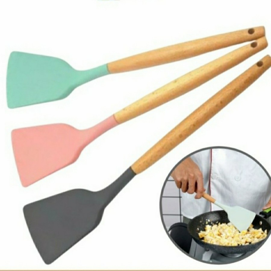 Jual SPATULA SILICONE GAGANG KAYU TAHAN PANAS BEST QUALITY TERBAIK