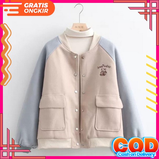 Outwear Kancing Logo Sunday Bear Jaket  Ovrseize Wanita Korea Style Super Hoodie Gaya Korea Jaket Wa