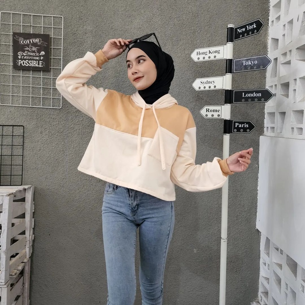 AGNES POCKY Hoodie Croope Sweater Wanita Oversize Sweater Atasan 2 Tone Jacket Terbaru Korean OOTD Kasual Style Fashion Terkini