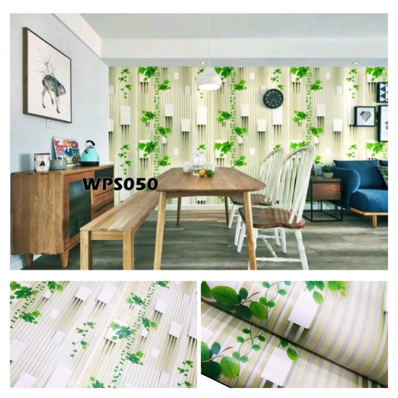 wallpaper dinding stiker putih daun hijau corak 3d elegan
