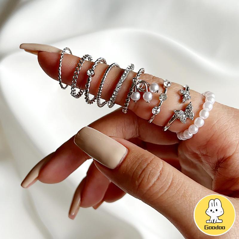 9 PCS Wanita Tipis Berongga Mutiara Kristal Kupu-kupu Berlian Premium Knuckle Ring Set -Doo