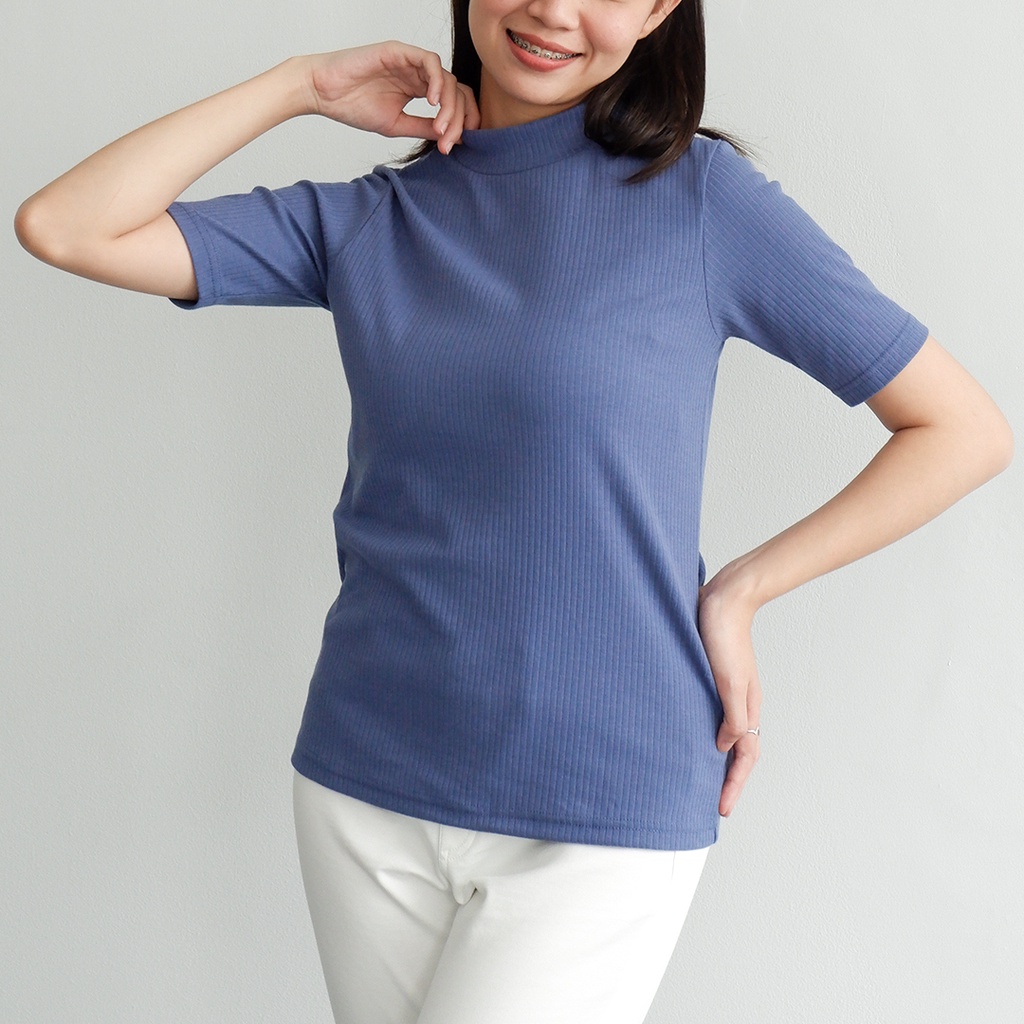 Isla Basic Texture Tee Kerah Tinggi  - Manset Kaos Lengan Pendek - Inner - Shirt - Rib Knit Cotton