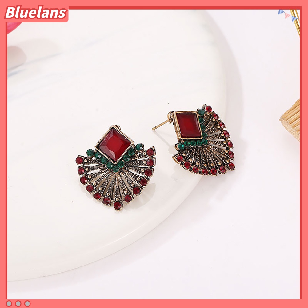 Anting Stud Bentuk Kipas Aksen Berlian Imitasi Gaya Vintage Etnik Bohemian Untuk Wanita