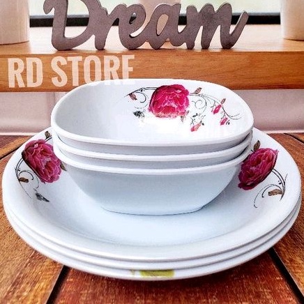 PROMO 6.PCS SET 3.PIRING 3.MANGKOK MELAMINE MOTIF ROSE