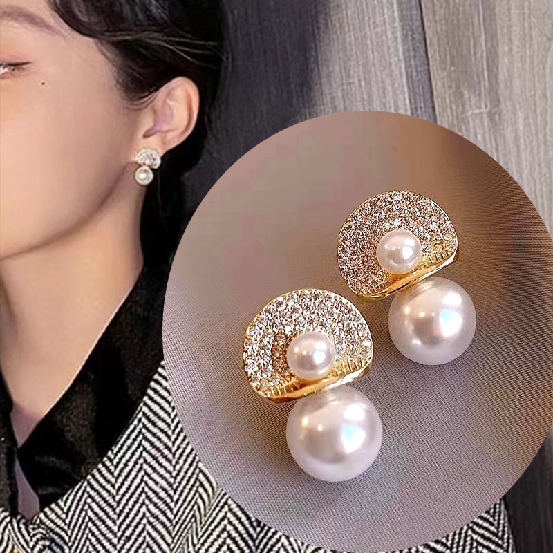 Anting Mutiara Berlian Imitasi Warna Emas Gaya Korea