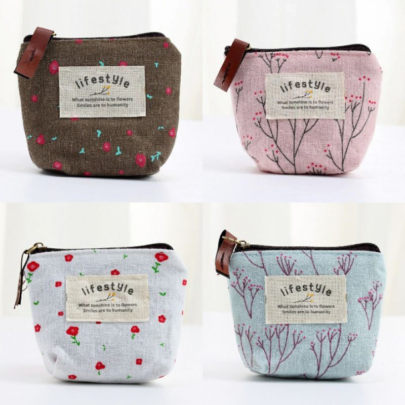 Pouch Dompet Koin Resleting Live Style Kanvas Dompet Serbaguna Sleting Motif Bunga