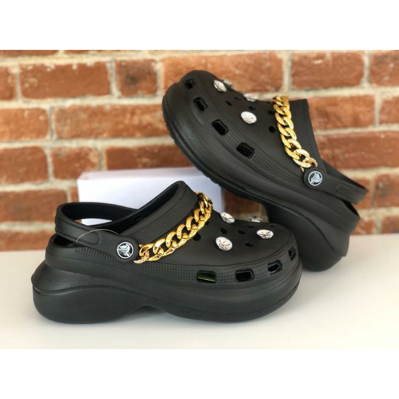 SEPATU FASHION CROCS BAE RANTAI GOLD 5cm FREE JIBBITZ DIAMOND