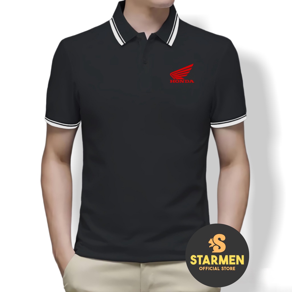 Kaos Polo Shirt Pria Kerah List Putih Logo HONDA RED