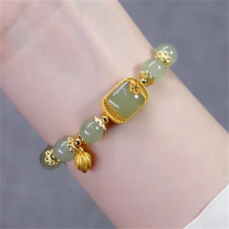 Gelang Tangan Manik-Manik Batu Jade Hetian Natural Bentuk Persegi Gaya Retro Untuk Wanita ACKER