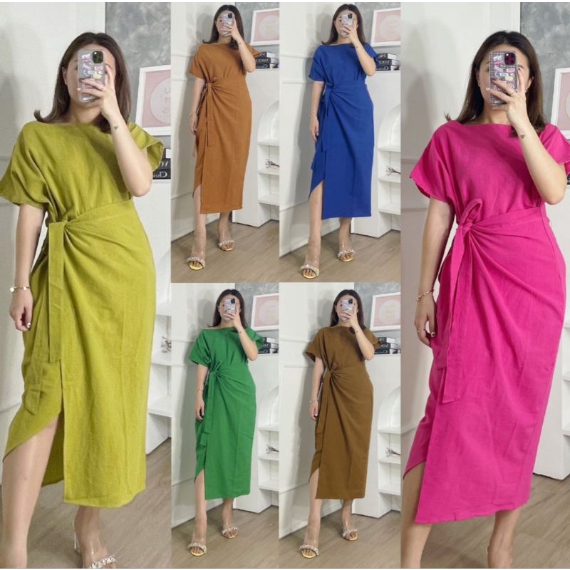 ⚡️ SALE ⚡️ PREMIUM ♡ REAL PIC ! CHLORINNE DOUBLE LAYER WRAP APPRON SIDE TIED MIDI DRESS