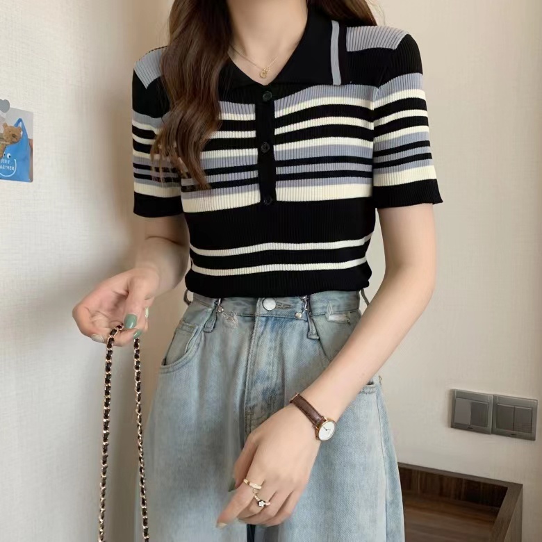 Stripe Baju Rajut Lengan Pendek Wanita Knit Sweater Korea
