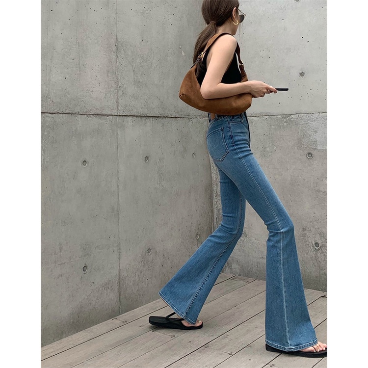 Celana Jeans Wanita Baru Slim Fit Pelangsing Pinggang Tinggi Lebar Kaki Celana Panjang