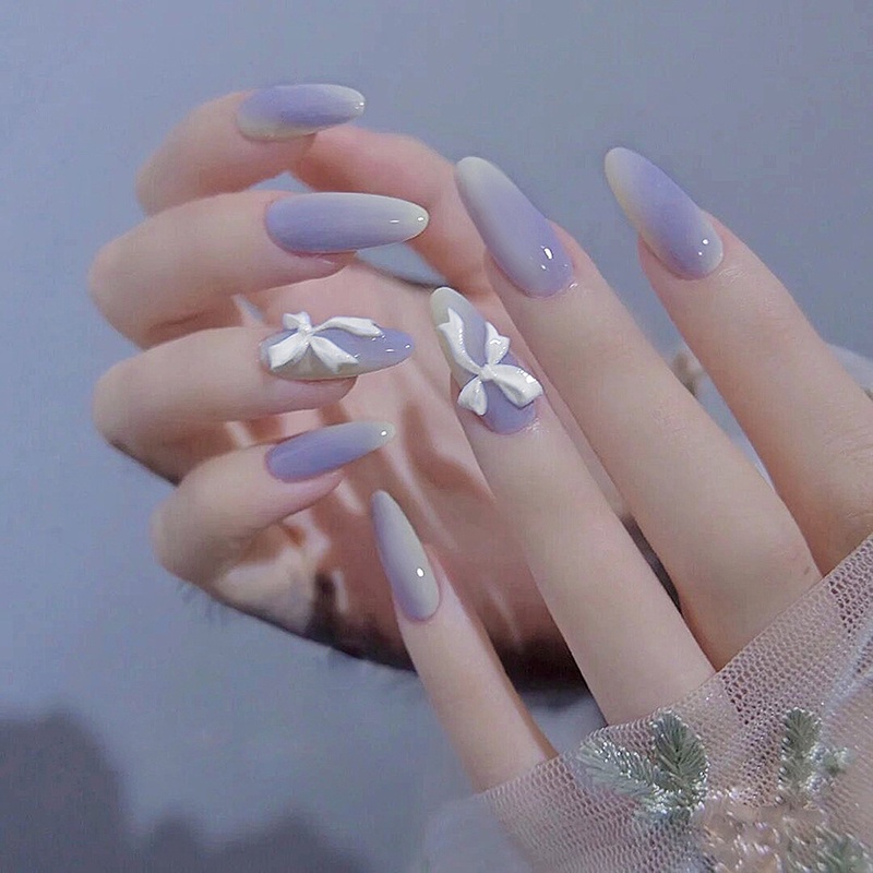 24 Pcs Kuku Palsu Panjang Desain Hati Mutiara Gradien Bahan Akrilik Gaya Perancis Untuk Nail Art