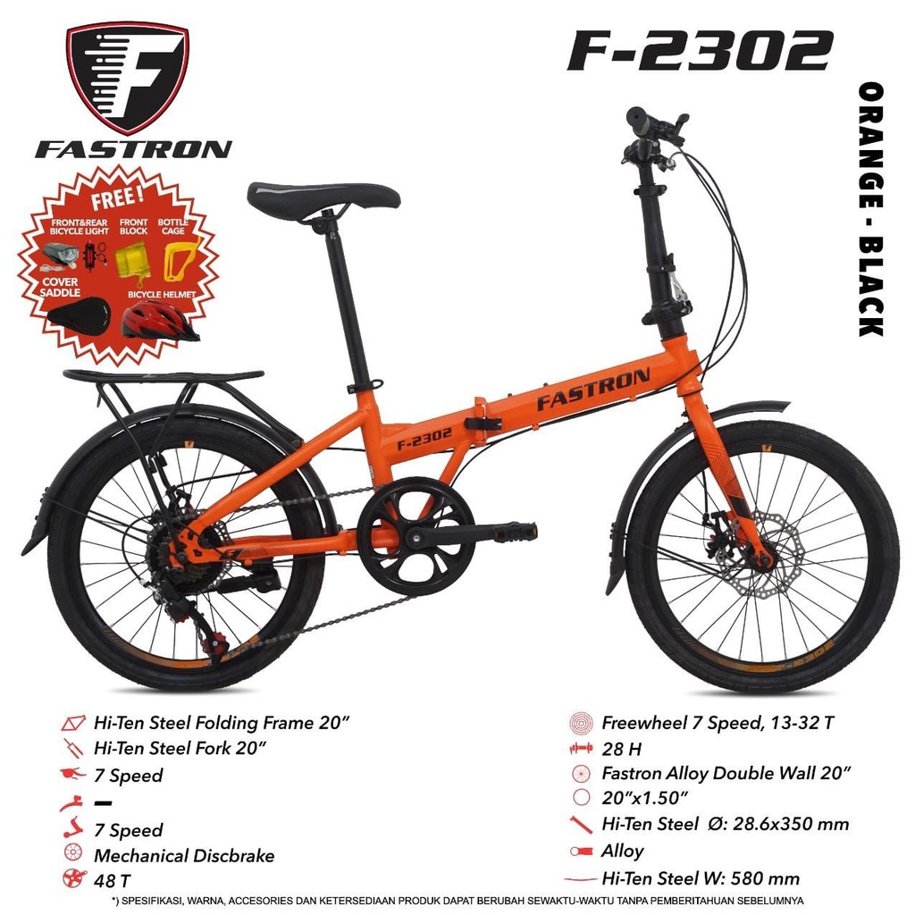 Sepeda Lipat Fastron 20&quot; F-2303 Rem Cakram 8 Speed Bonus Helm + Senter + Tempat Botol