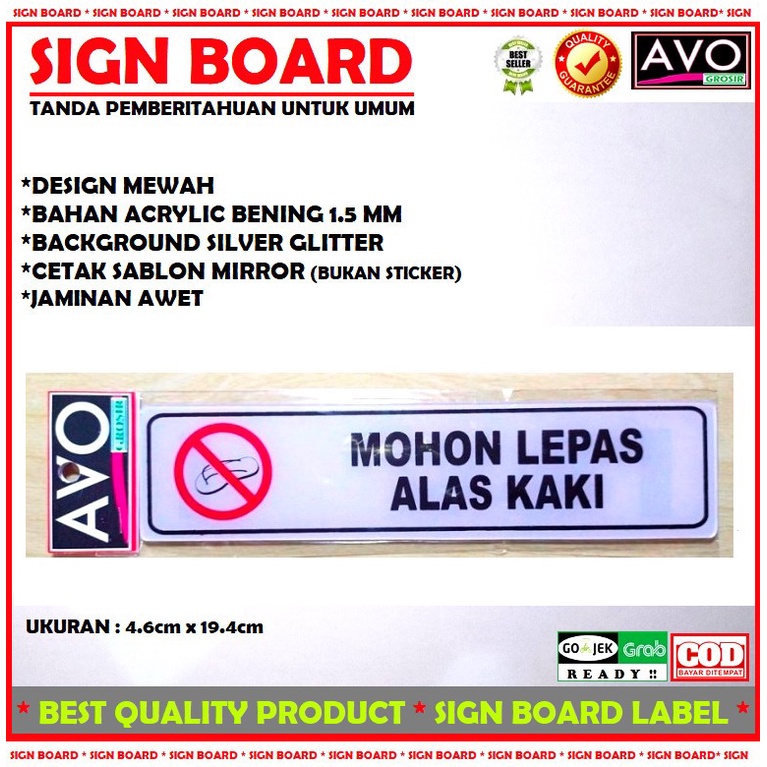 

sign board ruangan label MOHON LEPAS ALAS KAKI acrylic glitter