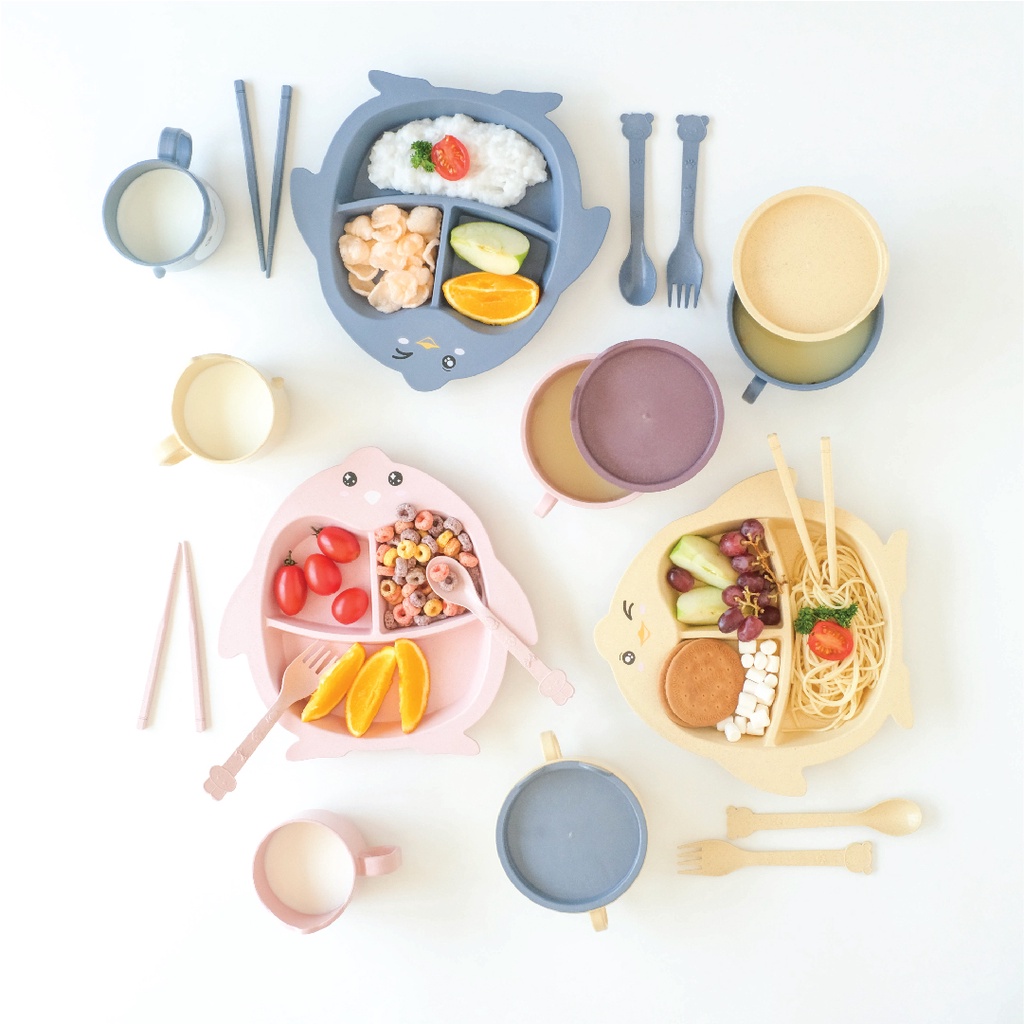 1 Set Alat Makan Anak Sekat Motif Pinguin ( Piring + Mangkok + Gelas + Sendok Garpu + Sumpit )