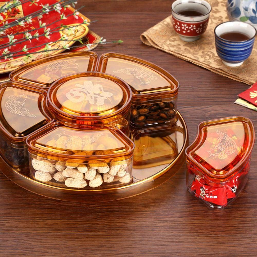 【 ELEGANT 】 Kotak Buah Kering Piknik Chinese New Year Organizer Plate Portable Dengan Tutup Rotating Food Saving Bins